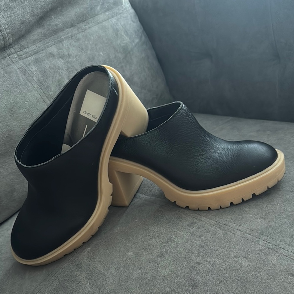 Dolce Vita Black and Cream Platform Mules